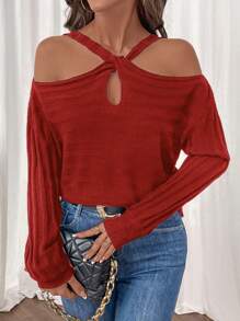 SHEIN Clasi Women's Casual Solid Color Halterneck Knit Sweater, Autumn