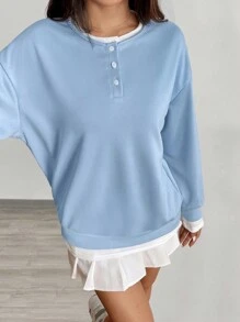 SHEIN Unity 女士宽松撞色拼接卫衣，休闲学院风，秋季套头衫 - 藍色 - 查看 5
