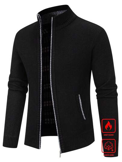Manfinity Mode Men's Contrast Trim Pocket Zip-Up Stand Collar Long Sleeve Cardigan Sweater, Autumn/Winter