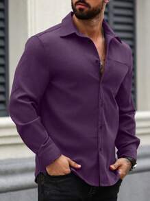 Manfinity Homme Men's Casual Solid Color Long Sleeve Shirt, Autumn - Violet Purple - View 6