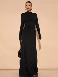 SHEIN BAE 襟付き 非対称肩 タック入り裾 ロングドレス、カクテルパーティー、ロマンチックデート、冬のインナードレス、パーティー、ウェディングブライズメイド、お出かけ、ハロウィーン、クリスマスに適しています