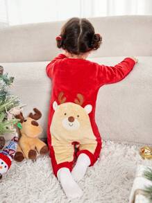 SHEIN 新生女宝宝可爱圣诞驯鹿卡通印花长袖连体衣，秋冬款 - 紅色 - 查看 1
