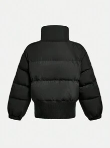 SHEIN Girls' Black Line Pattern Warm Fluffy Cute Jacket, Suitable For School, Street, Outdoor, Home, Sports, Fashion Athletic Wear - Black - View 2