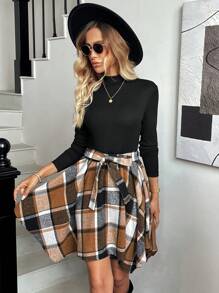 SHEIN LUNE Women Casual Colorblock Plaid Patchwork Long Sleeve Mini Dress, Basic Autumn/Winter Outfit - Multicolor - View 6