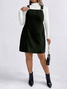 SHEIN LUNE Plus Size Women Solid Color Loose Casual Double Pocket Strap Dress, Autumn