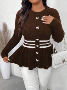 Calvaya Plus Size Crew Neck Long Sleeve Contrast Stripe Bow Decor Casual Sweater, For Winter Knit Pullover Fall - Coffee Brown - View 3
