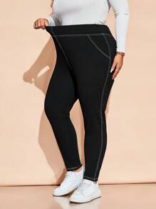 SHEIN CURVE+ Curve Plus Women's Casual Seam Topstitched Skinny Pants, Autumn/Winter - Black - View 5