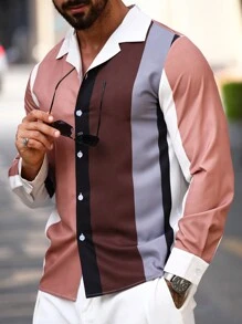 Manfinity Homme 1pc Men's Long Sleeve Front Button Striped Minimalist Color Block Shirt, Casual For Everyday Wear ,Men's Mature Casual Khaki-Brown Coffee-Colored Vertical Striped Contrast Long-Sleeve Shirt ,Button Up Shirt, For Going Out, Husband