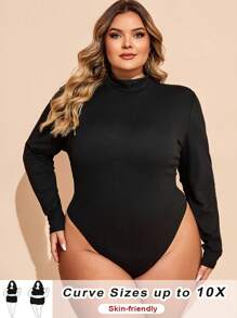SHEIN CURVE+ Áo liền quần cổ lọ ôm vừa vặn cho nữ cỡ lớn, áo thu - màu đen - Xem 3