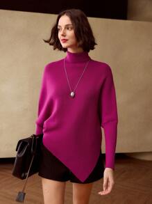 MOTF PREMIUM SOLID HIGH NECK ASYMMETRICAL HEM SWEATER - Hot Pink - View 6