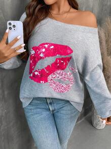 SHEIN LUNE Plus Size Women Black Boat Neck Long Sleeve Lip Print Casual Pullover Sweater For Autumn