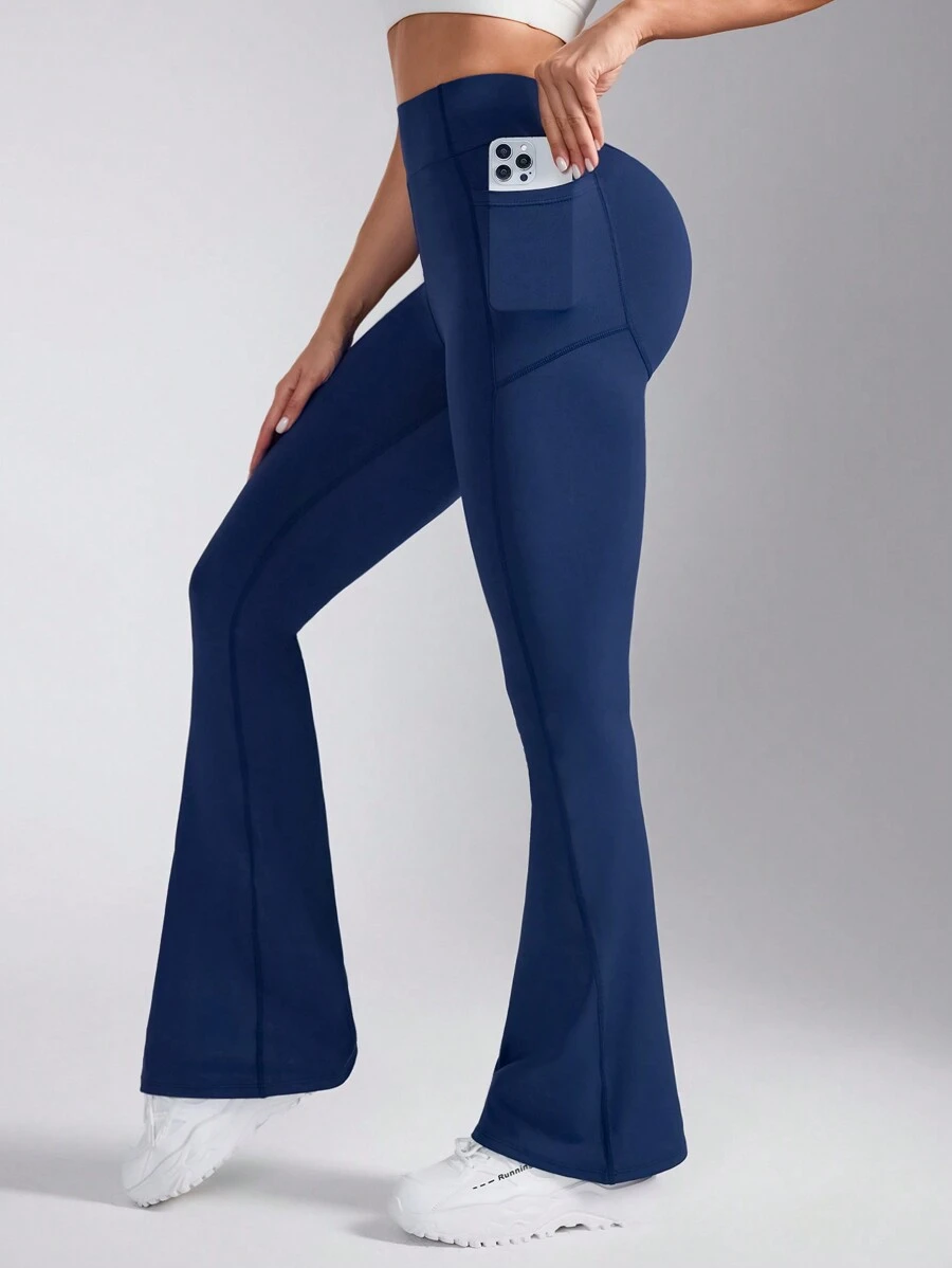 Yoga Basic Soft & Warm Fleece Phone Pocket Side Flared Leg Sweatpants - Army Green - View 1