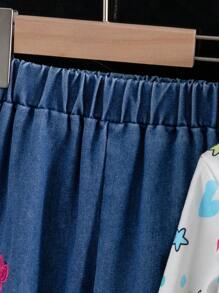 SHEIN 年轻女孩可爱独角兽印花连帽卫衣和花卉刺绣牛仔裤两件套 - 彩色 - 查看 4