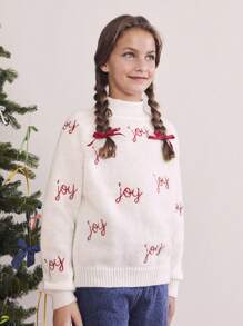 SHEIN Suéter holgado de punto casual de cuello alto con gráfico de letra para temporada navideña/de Año Nuevo para niñas preadolescentes, otoño/invierno