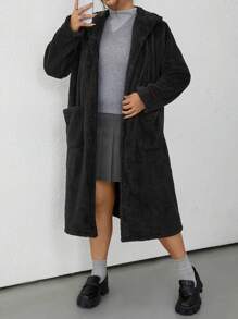 SHEIN EZwear Plus Size Effen Kleur Lange Mouw Zak Casual Hoodie