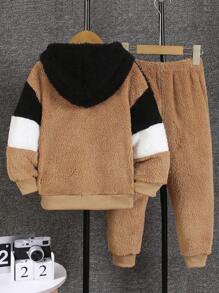 Bộ 2 chiếc/bộ áo nỉ trùm đầu bằng vải nhung dài tay họa tiết chắp vá cho bé trai và quần nỉ in họa tiết, thoải mái và thoáng khí cho thường ngày, ngoài trời, đi học, mùa thu/đông - Lạc đà - Xem 2