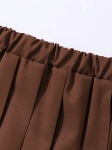 SHEIN 2pcs Girls Autumn/Winter Knitted Loose Maple Leaf & Geometric Pattern Sweater And Pleated Mini Skirt Set