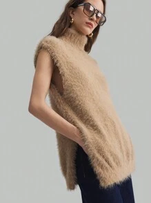 Ontre Chaleco de suéter de mujer con cuello alto de unicolor, abertura lateral suave, casual para otoño/invierno