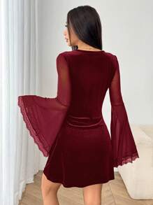 SHEIN EZwear Burgundy V-Neck Velvet & Mesh Patchwork Flare Sleeve Women's Dress