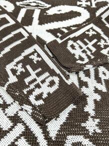 Flirla Plus Size Allover Print Asymmetrical Hem Tassel Decor Casual Cardigans - Coffee Brown - View 4