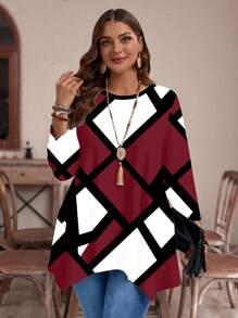 Mellowie Casual Minimalist Asymmetrical Hem Round Neck Geometric Line Pattern Full-Width Print Loose Fit Long Sleeve T-Shirt, Suitable For Autumn & Winter, Plus Size Autumn And Winter