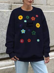 EURMUSE Floral Embroidery Round Neck Drop Shoulder Sweatshirt - Black - View 6