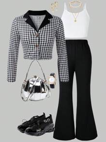 Tween Girl Houndstooth Print Button Front Long Sleeve Jacket + White Camisole + Black Flare Leg Pants Elegant 3Pcs Set - Black - View 1