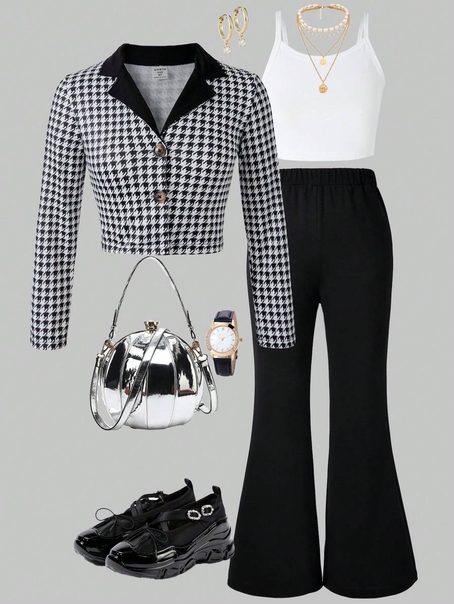 Tween Girl Houndstooth Print Button Front Long Sleeve Jacket + White Camisole + Black Flare Leg Pants Elegant 3Pcs Set - Black - View 1