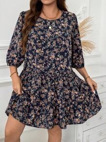 SHEIN LUNE Vestido midi de talla grande con estampado floral menudo, vestido corto casual con mangas de obispo, atuendo de Acción de Gracias y Año Nuevo para mujeres