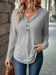 SHEIN LUNE Plain Color Long Sleeve T-Shirt, Casual & Versatile, Autumn - Light Grey - View 1