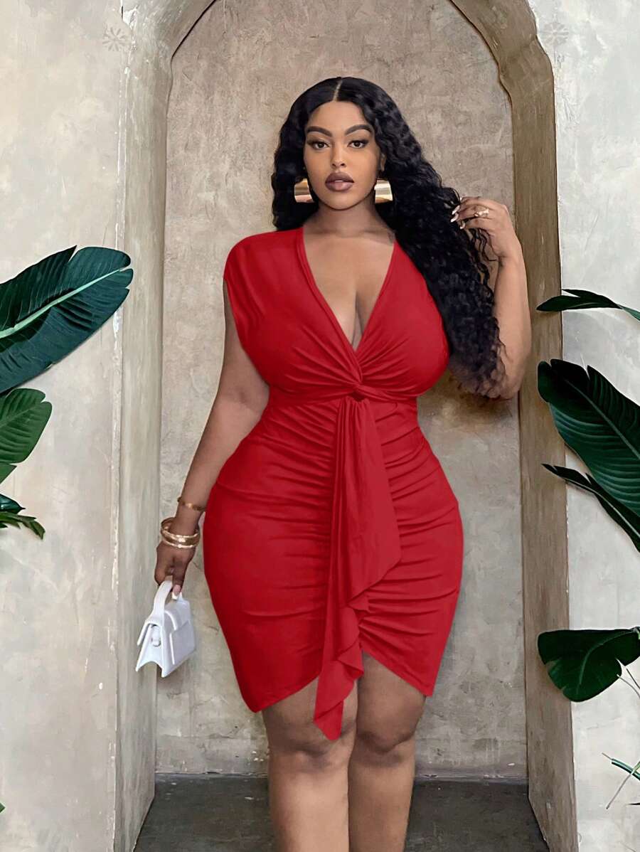 Slaydiva Plus Size Elegant & Party & Dating Form-Fitting Solid Pink Dress With Chest Twist, Ruched Waist And Tie Belt Details, Mini Length, Spring/Summer - Red - View 1