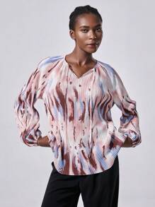 Chiquease 水墨印花套头衫，百褶宽松时尚女式衬衫，户外百褶印花衬衫 - 粉色 - 查看 1