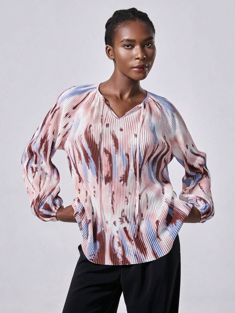 Chiquease 水墨印花套头衫，百褶宽松时尚女式衬衫，户外百褶印花衬衫 - 粉色 - 查看 1