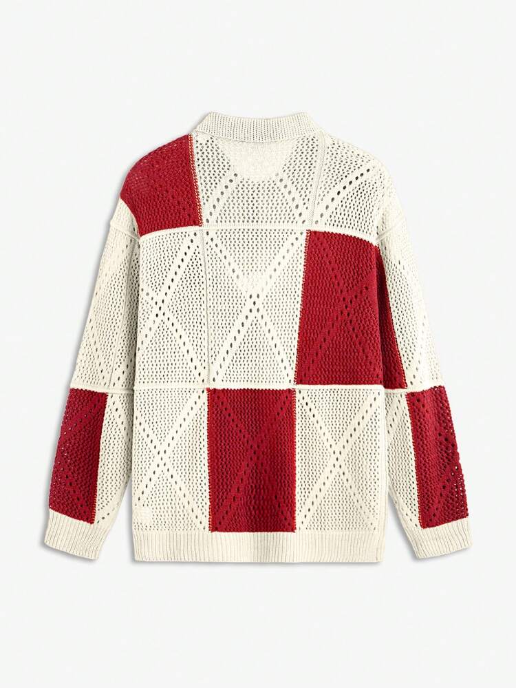 Men's Loose Batwing Crochet Color Block Plaid Cardigan, For Fall Winter