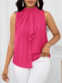 SHEIN Lady Áo cánh ngắn hở vai cổ bèo nhún màu hồng cho nữ, mùa hè - Màu Hồng Tươi - Xem 1