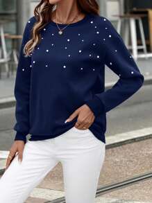 SHEIN LUNE 女士秋冬休闲落肩珍珠串珠套头毛衣 - 藏蓝色 - 查看 4