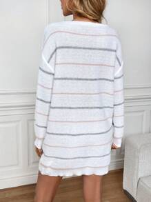 SHEIN LUNE Casual Striped Knit Dress, Airport Style, Long Sleeve Straight Dress For Women, Autumn Winter - White - View 2