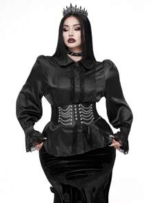 Whyspr 哥特朋克风格女式立领法式蕾丝边泡泡袖衬衫，黑色，收腰设计女式衬衫 - 黑色 - 查看 7