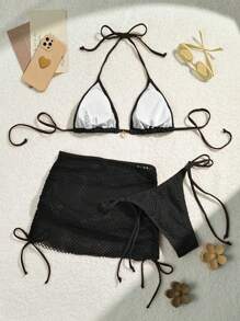 Swim Vcay 3 Stücke/Set einfarbiges Dreieck Trägertop, Bikinihose mit seitlicher Schnürung und Mesh Cover-Up-Rock, Damen Sommer Bikini Set