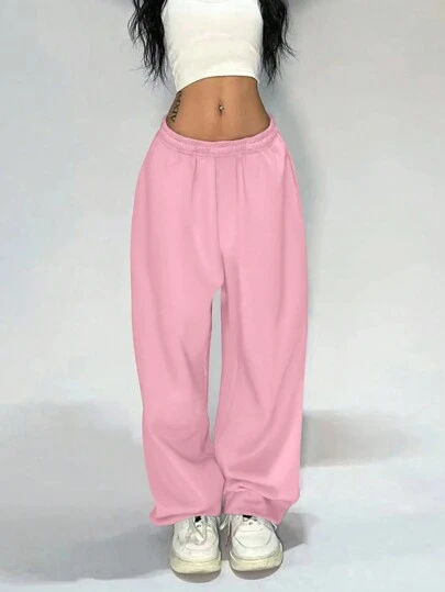 INAWLY 女士休闲纯色松紧腰宽松阔腿运动裤