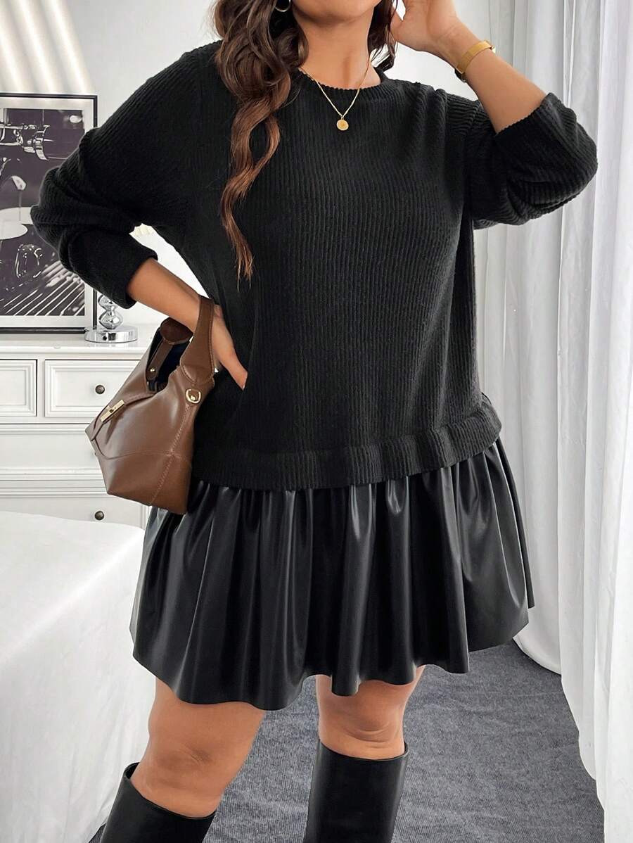 SHEIN Essnce 大码女装秋冬时尚休闲宽松保暖 PU 拼接拉绒黑色长袖连衣裙,秋季女装,冬装,工作服,妈妈装,教师服,优雅连衣裙 - 黑色 - 查看 1