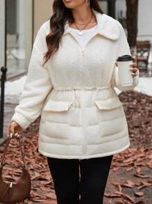 SHEIN Frenchy Plus Size Women's Winter Solid Color Drop Shoulder Long Sleeve Patchwork Fleece Casual Padded Coat - Apricot - View 2