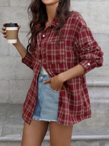 INAWLY 女士休闲宽松格子长袖衬衫，秋季 - 紅色 - 查看 5