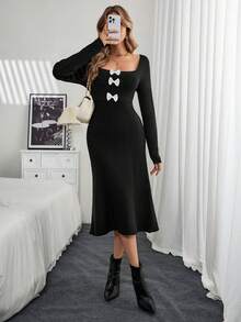 SHEIN Unity Women Bow Decorated Simple Casual Knit Sweater Dress, Long Sleeve - Black - View 5