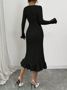 Elenzga Women Pearl Decor Ruffle Hem Ruffle Sleeve Fitted Sweater Dress - Black - View 2