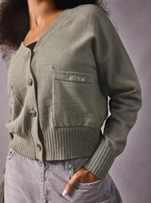 Athîral 1pc Women's Solid Color Drop Shoulder Long Sleeve Single Breasted Casual Cardigan, Autumn/Winter - Khaki - View 3