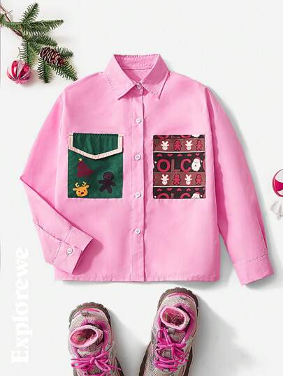 1 pieza Camisa de manga larga con bolsillo y gráfico navideño para niñas, adecuada para salidas navideñas, ropa urbana y uso diario