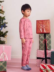 SHEIN Young Boy Cartoon Animal Print Crew Neck Long Sleeve Top And Pants 2pcs Set, Loose Fit, Casual For Christmas, New Year, Pink Color, Autumn/Winter - Pink - View 4