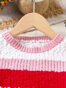 Young Girl Knit Sweater, Warm Round Neck Long Sleeve Contrast Color Soft Fuzzy Fabric Pullover, Elegant Style, Suitable For Pairing With Skirts & Pants, Comfortable For Autumn/Winter, Adorable Look For Various Occasions Like Halloween, Christmas, New Year Parties - Red - View 3