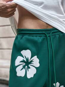 Manfinity VCAY Men's Floral Print Elastic Waist Loose Straight Leg Track Pants, Casual And Fashionable Graphic Jogging Pants Casual Urban Sweatpants, For Husband, Boyfriend Gifts - Dark Green - View 3